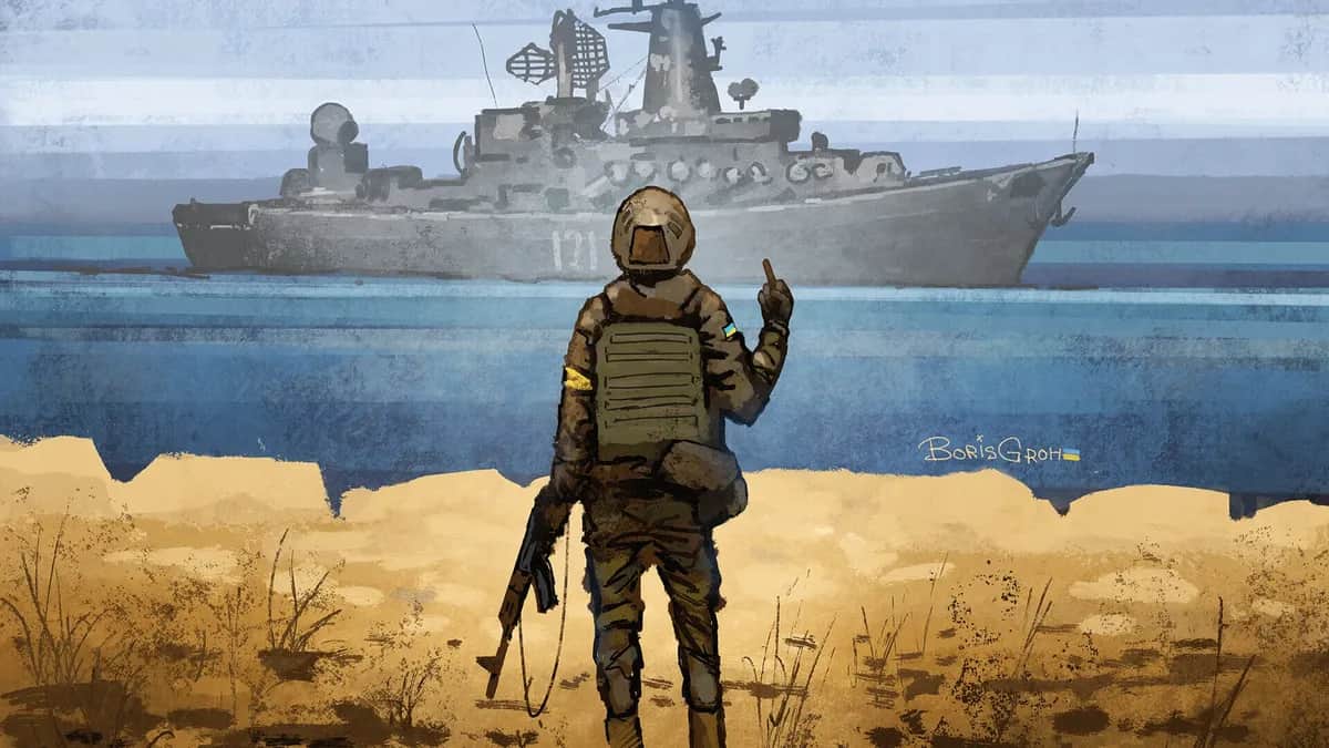 A portrayal of the now-iconic exchange between one Ukrainian soldier and a Russian battleship on Snake Island. Image: Boris Groh