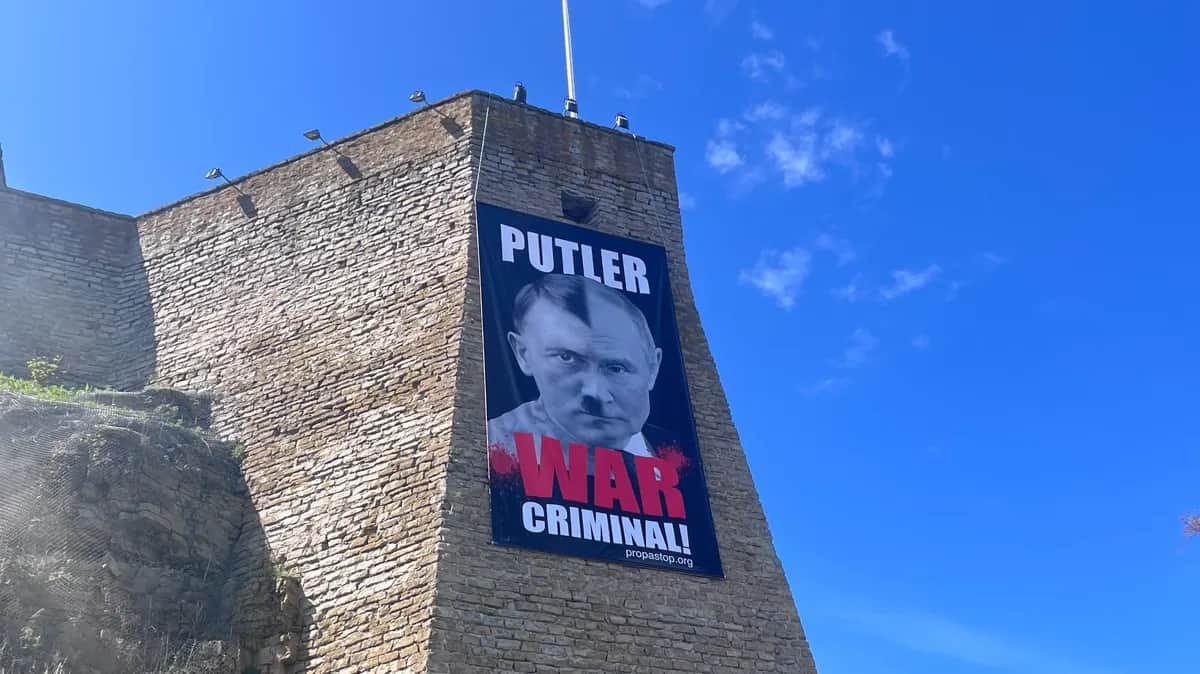 Putler poster on the Narva Fortress, Estonia. Photo: Jack Styler