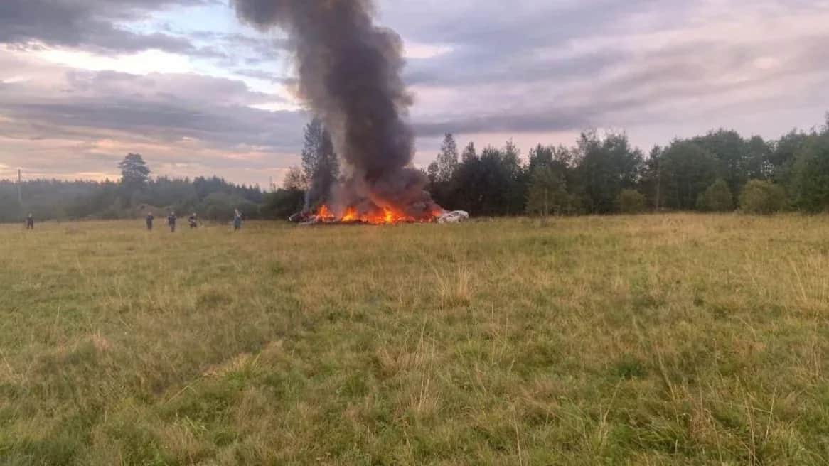 The crash site of the Embraer Legacy 600 business jet, which was allegedly carrying Yevgeny Prigozhin. Photo: Wagner Telegram Account / Anadolu Agency / Getty Images