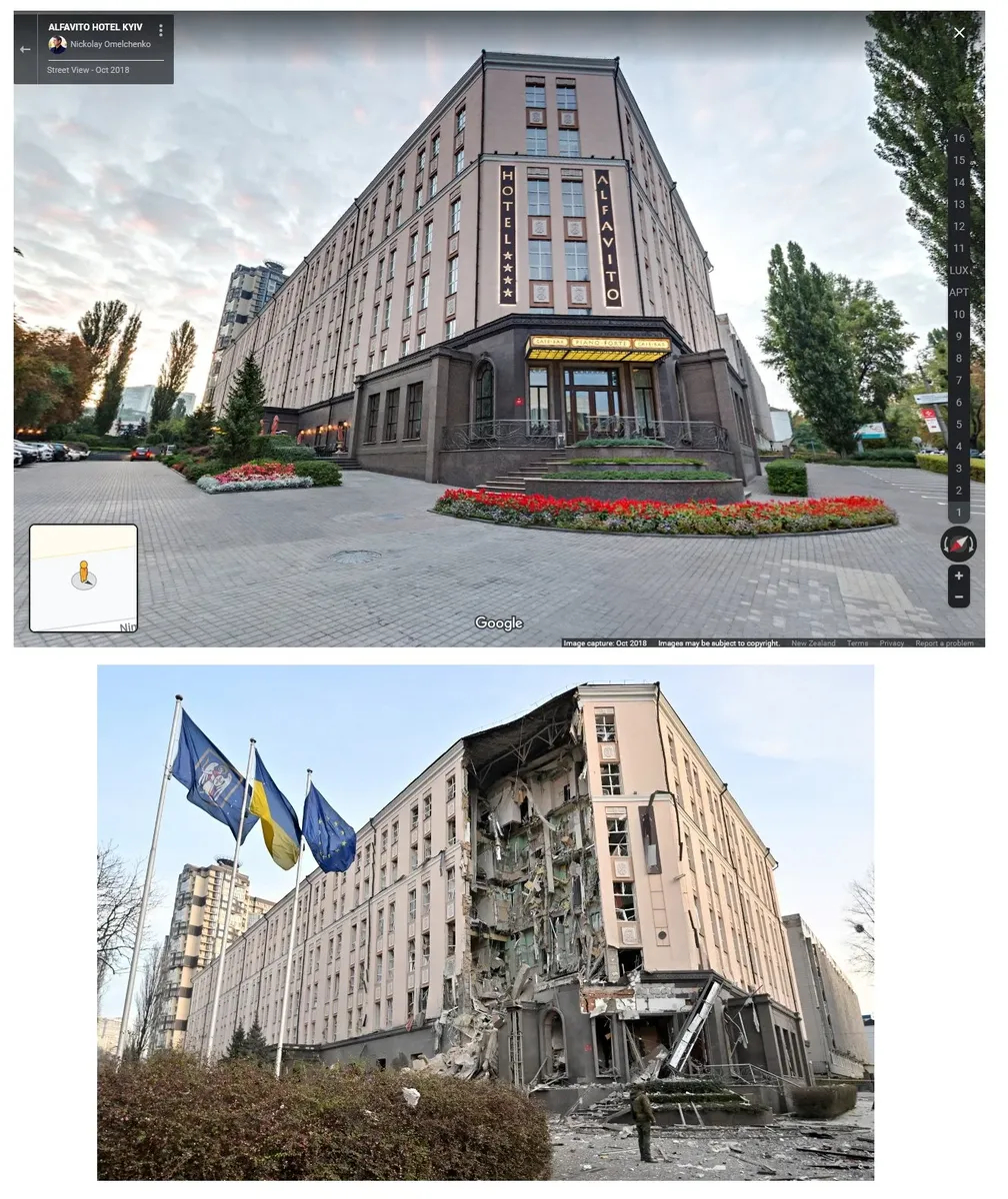 Гостиница Alfavito в Киеве до и после обстрела. Фото: <a href="https://twitter.com/search?q=Alfavito%20%D0%BA%D0%B8%D0%B5%D0%B2&amp;src=typed_query&amp;f=image">Twitter</a>
