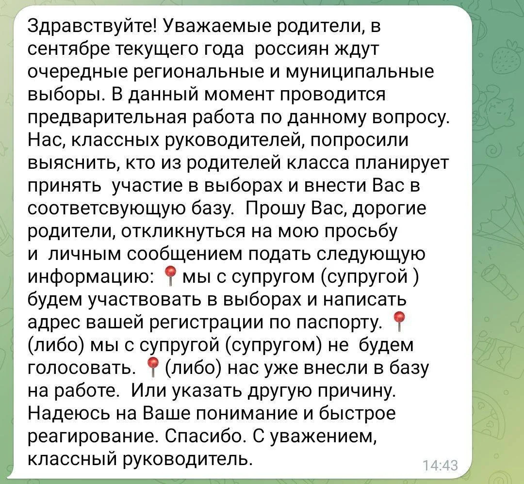 Сообщение от классного руководителя в школьном чате. Скриншот