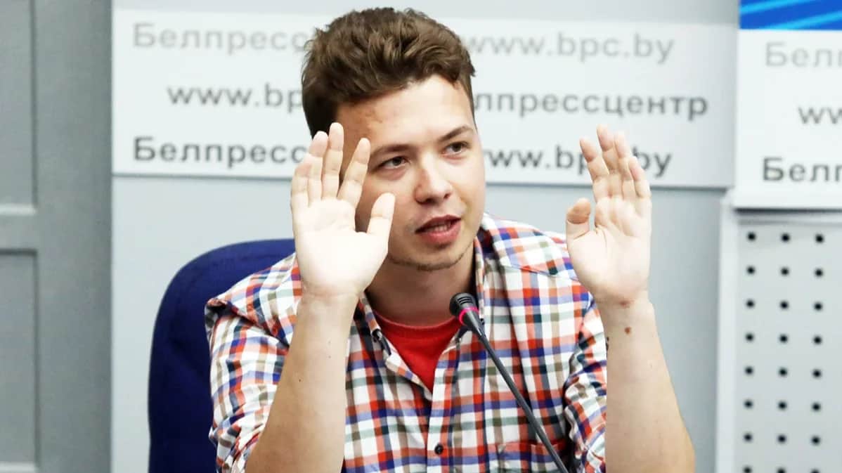 Raman Pratasevich appears at a press briefing at the Belarusian Foreign Ministry in Minsk, 14 June 2021. Photo: AFP / Scanpix / LETA