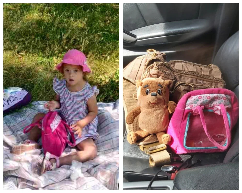Lisa with her favorite bear in her backpack. Photo: personal archive