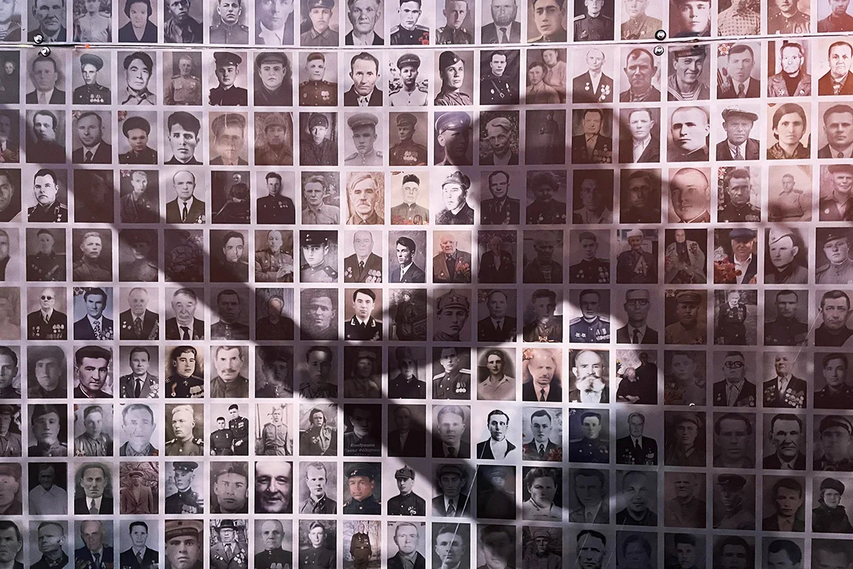 A photo montage of WWII veterans, installed in Belgorod for Victory Day, 9 May 2024. Photo: Alexander Karataev for Novaya Europe