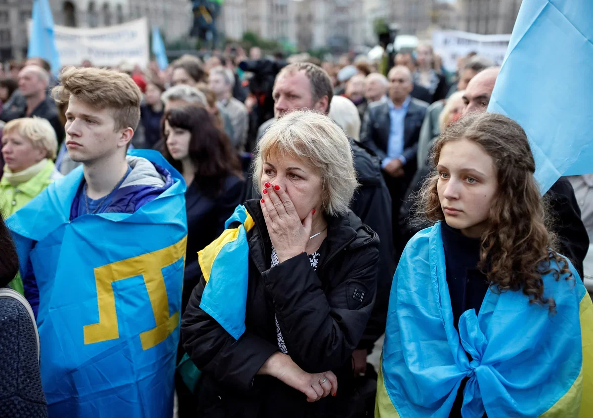 Demonstrators mark the anniversary of the 1944 deportation of the Crimean Tatars to Central Asia, Independence Square, Kyiv, on 18 May 2016. Photo: Hleb Haranych / Reuters / Scanpix