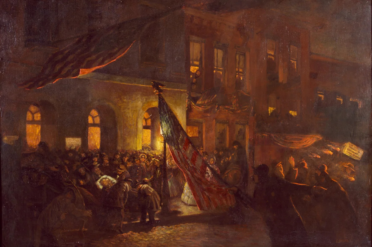 Смертельно раненного Авраама Линкольна, на руках выносят из театра Форда, Вашингтон, округ Колумбия. Художник К. Берш. Фото: <a data-sk="tooltip_parent" data-stringify-link="http://lccn.loc.gov/2011630541" href="http://lccn.loc.gov/2011630541" rel="noopener noreferrer" target="_blank">Library of Congress Catalog</a>