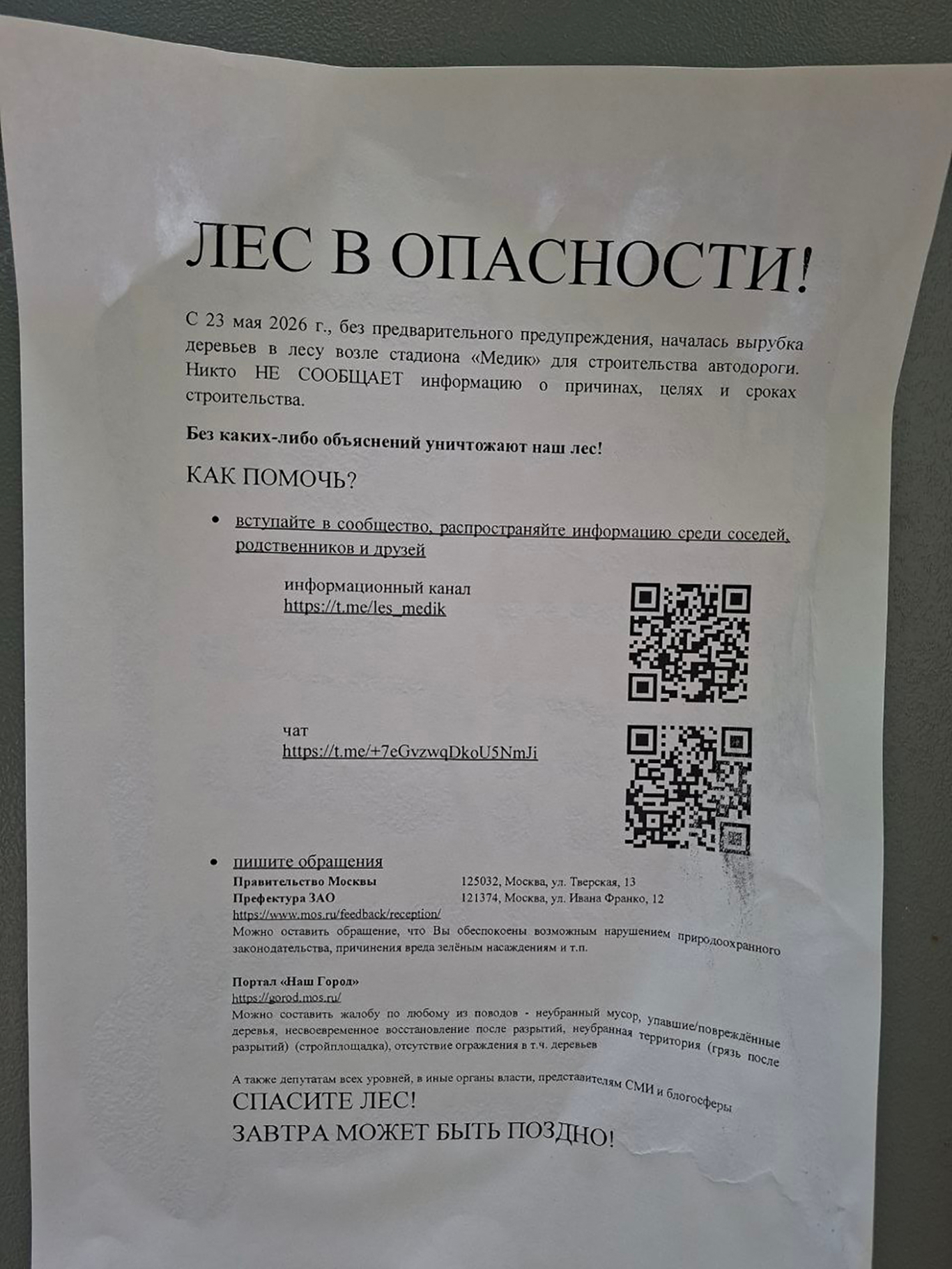 Листовка с информацией о том, как вступить в чат по защите леса. Фото: Telegram / Чат по защите леса