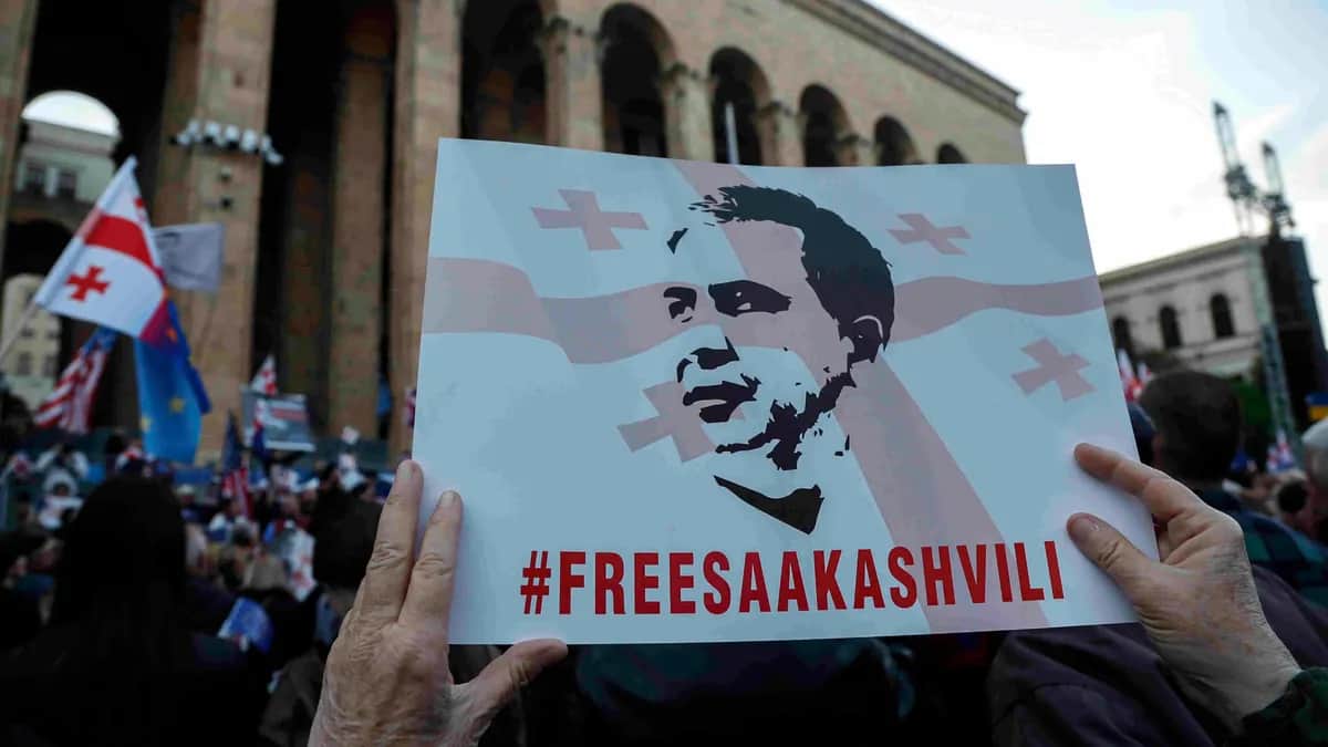 Плакат с требованием освободить Михаила Саакашвили на митинге возле Парламента Грузии, 9 апреля 2023 года. Фото: EPA-EFE / ZURAB KURTSIKIDZE