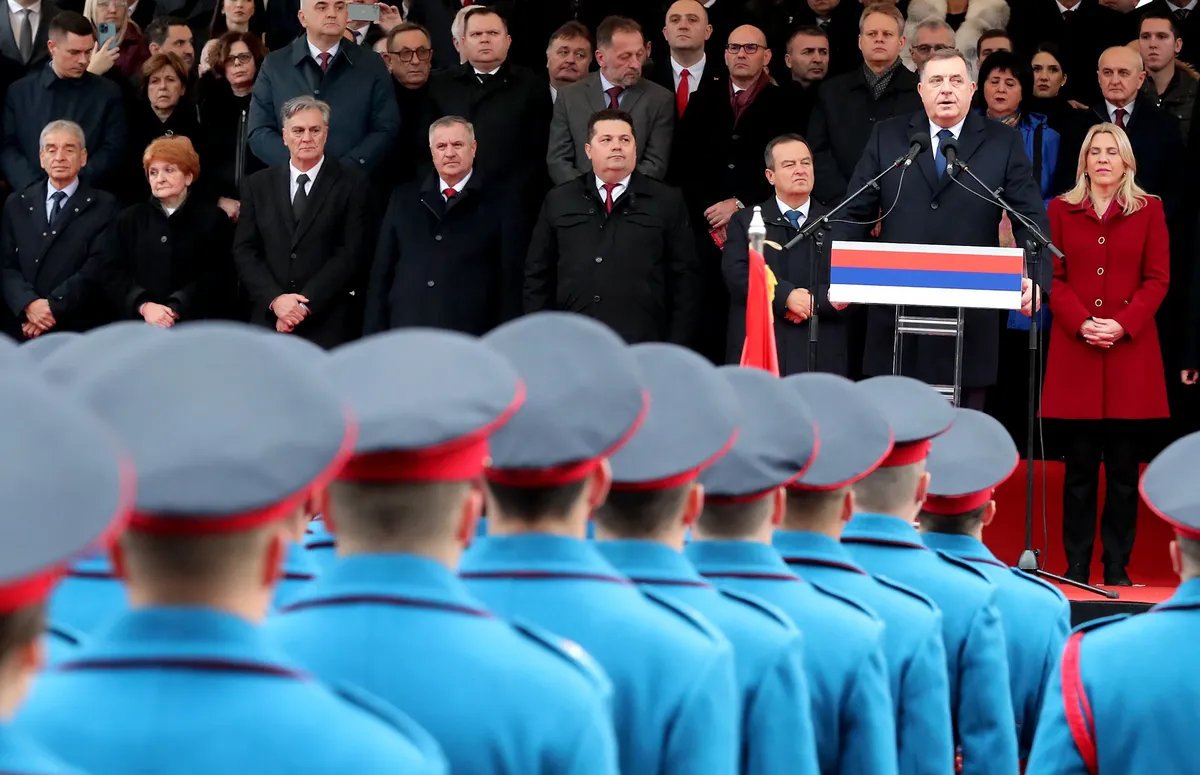 President Milorad Dodik speaks at a parade in East Sarajevo, Bosnia and Herzegovina, 9 January 2023 to mark the Day of Republika Srpska. Photo: EPA-EFE/FEHIM DEMIR