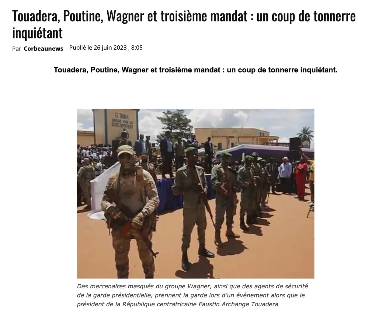 Скриншот с сайта Corbeau News Centrafrique 