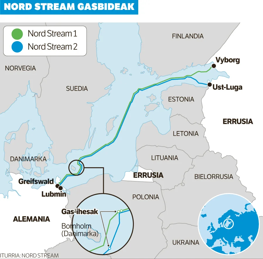 Карта, показывающая расположение трубопроводов Nord Stream в Балтийском море. Большую часть пути они проходят близко друг к другу, но отклоняются вблизи мест утечек. Фото: <a href="https://commons.wikimedia.org/w/index.php?curid=123497010">Wikimedia Commons</a>, <a href="https://www.berria.eus/lizentzia">Berria</a>. CC-By-SA; CC BY-SA 4.0