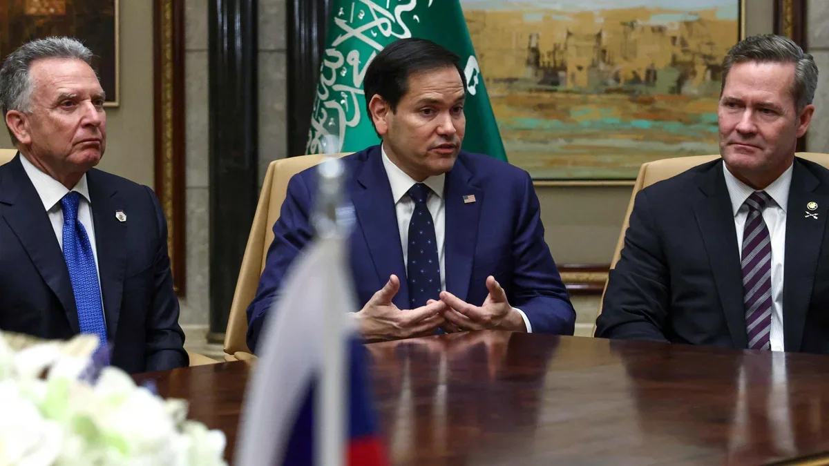US Special Envoy Steve Witkoff (L), US Secretary of State Marco Rubio and National Security Adviser Mike Waltz (R) in Riyadh, Saudi Arabia, 18 February 2025. Photo: Evelyn Hockstein / AFP / Scanpix / LETA