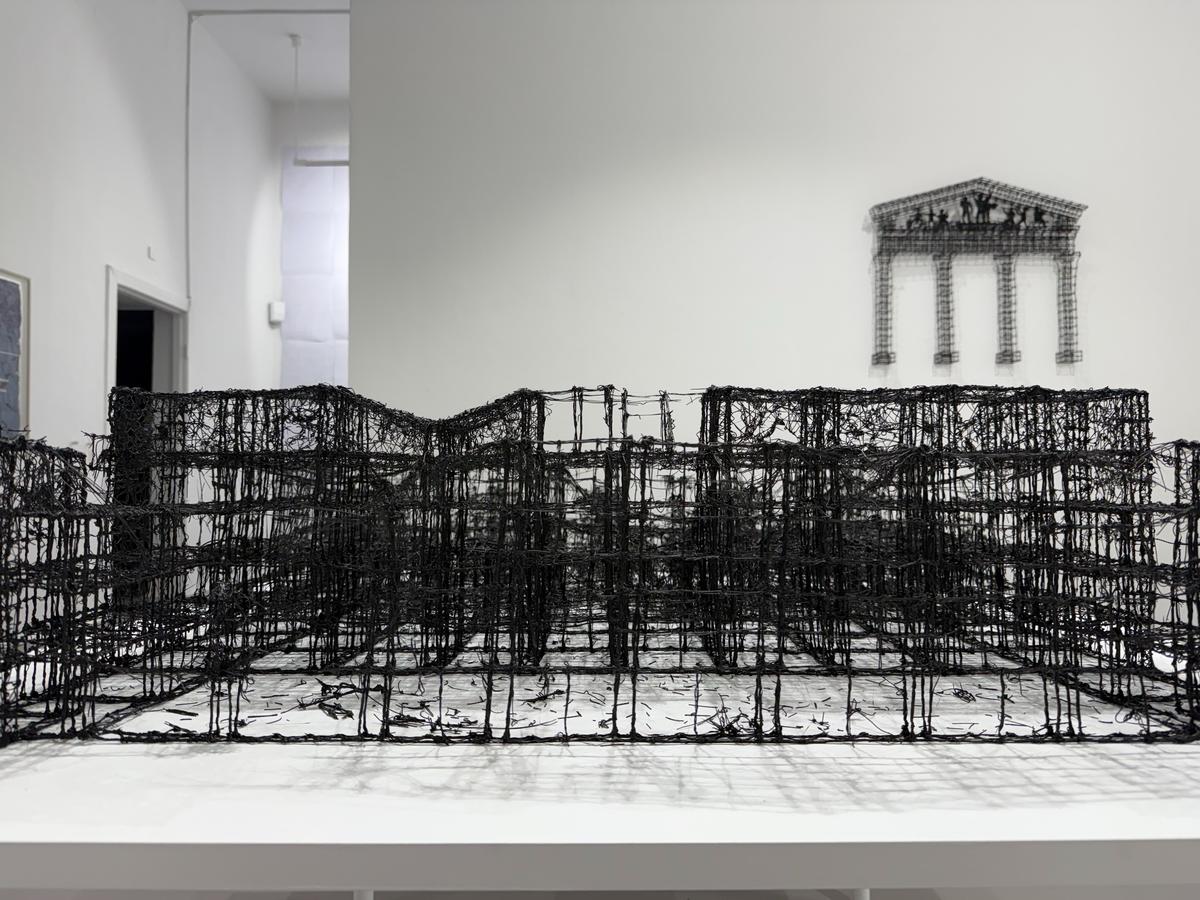 A 3D pen and graphite plastic model of the destroyed Mariupol Drama Theatre, part of Sergei Prokofiev’s work Hell, on display at Meduza’s No Exhibition in Berlin, May 2025. Photo: Tom Masters