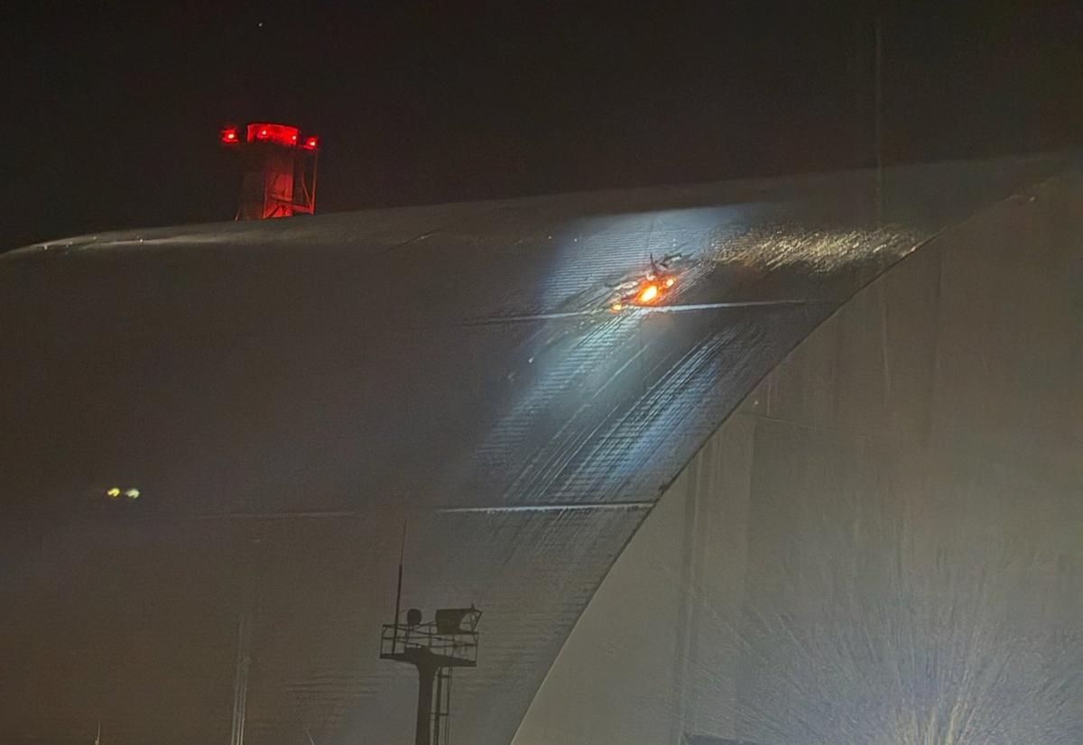 Damage to the shelter preventing radiation leaking from the remains of Chernobyl’s Reactor 4, Ukraine, 14 February 2025. Photo: EPA-EFE / IAEA