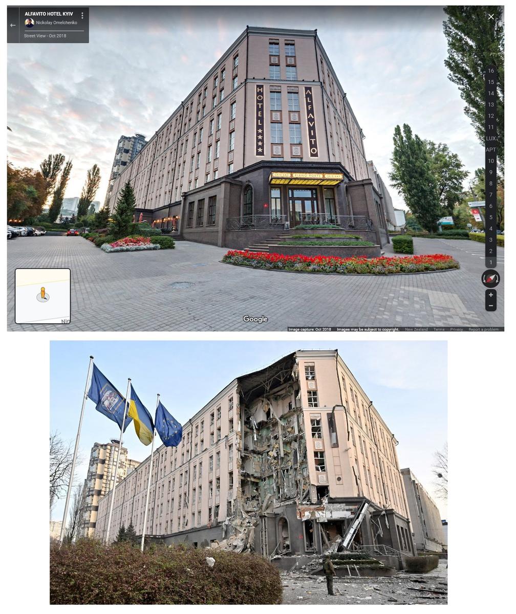 Гостиница Alfavito в Киеве до и после обстрела. Фото: Twitter
