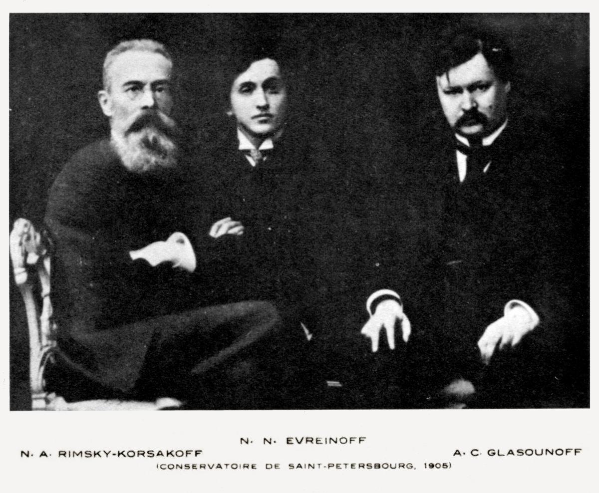 (слева направо) Н. А. Римский-Корсаков, Н. Евреинов, А. К. Глазунов. Фото: Wikimedia Commons
