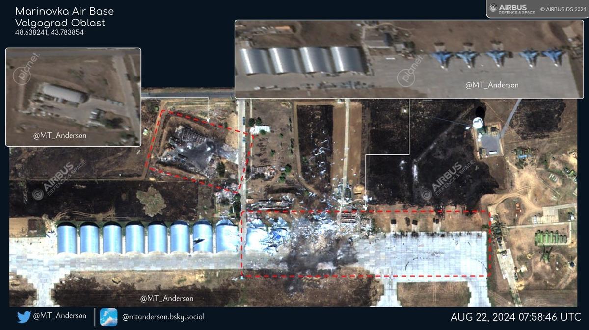 Следы атаки дронов на авиабазу Мариновка, 22 августа 2024 года. Фото: MT Anderson / X (Twitter)