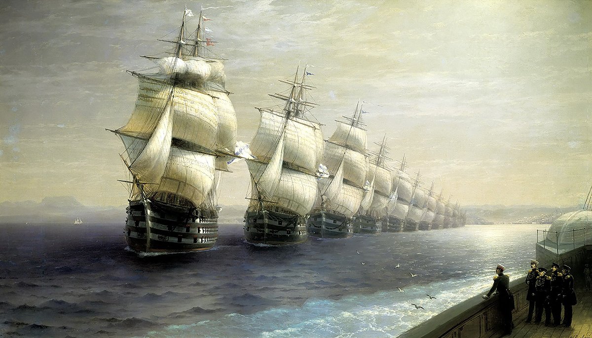 Фоторепродукция картины И. К. Айвазовского «Смотр Черноморского флота в 1849 году». Художник Иван Айвазовский, дата создания 1886 год. Общественное достояние. Источник: wikimedia.org